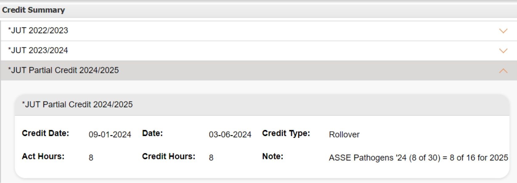 Example listing of all JUT Credit