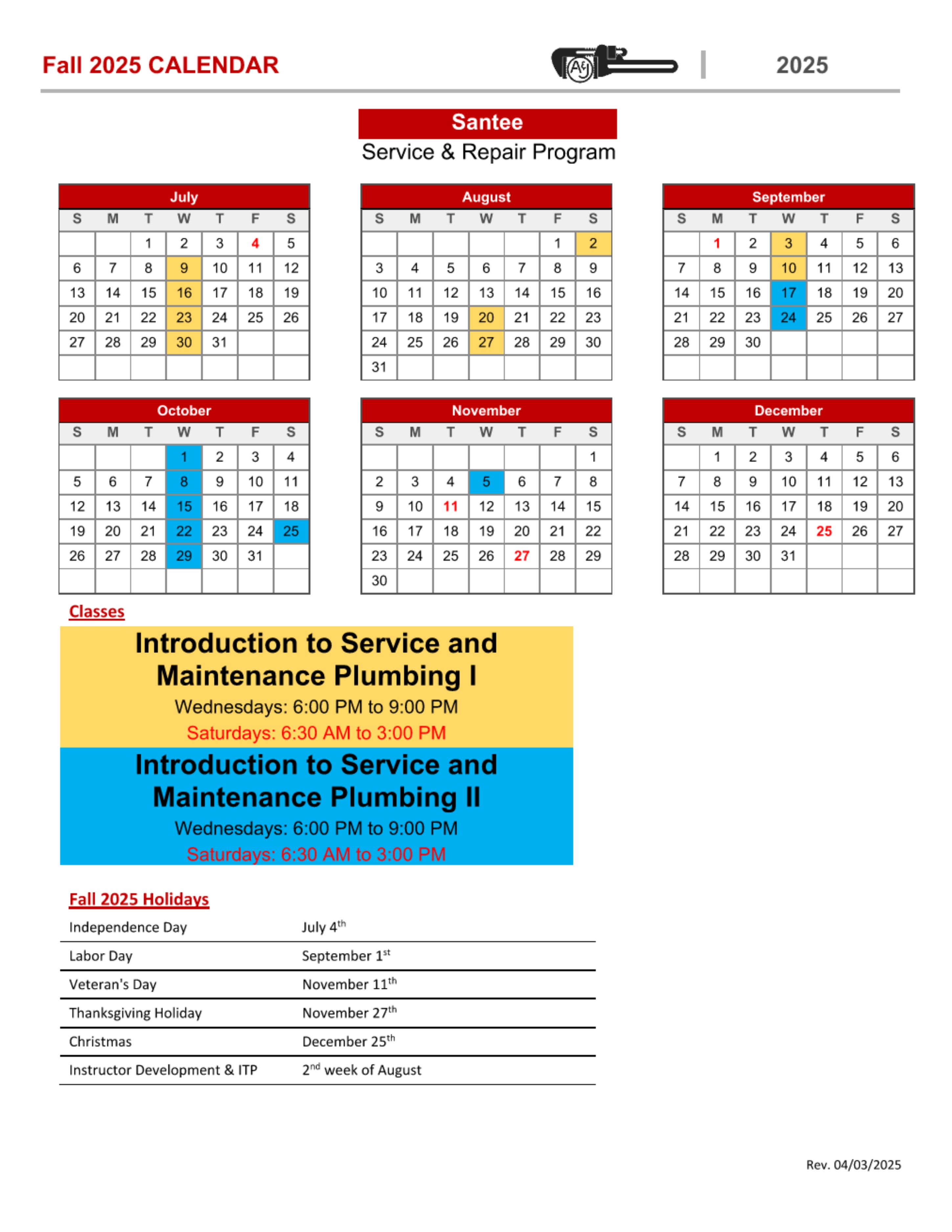 Santee Fall 2025 Service & Repair Calendar