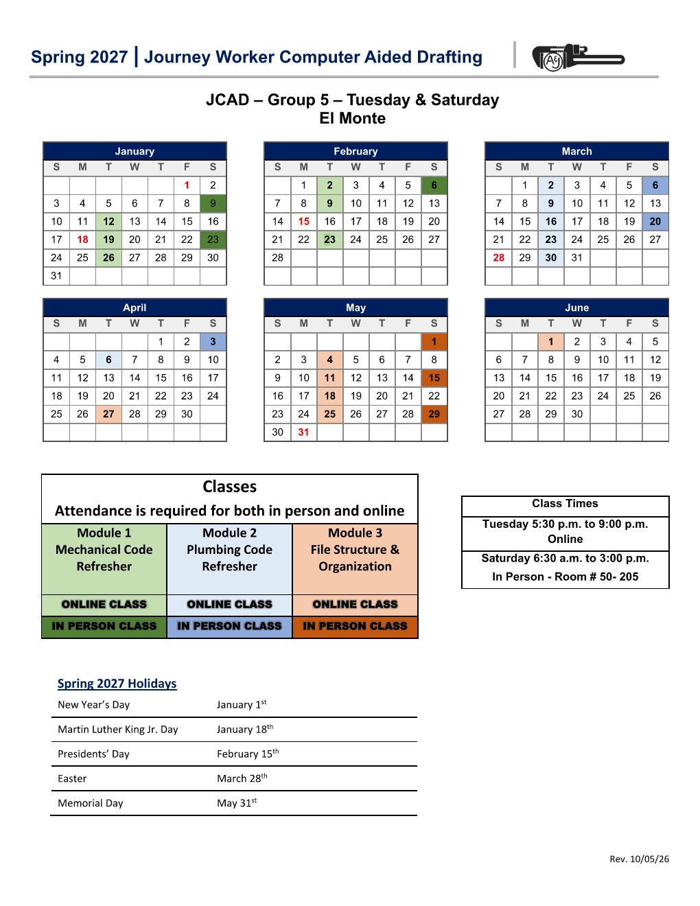 Spring 2027 Group 5 Calendar - Journey Worker Computer Aided Drafting