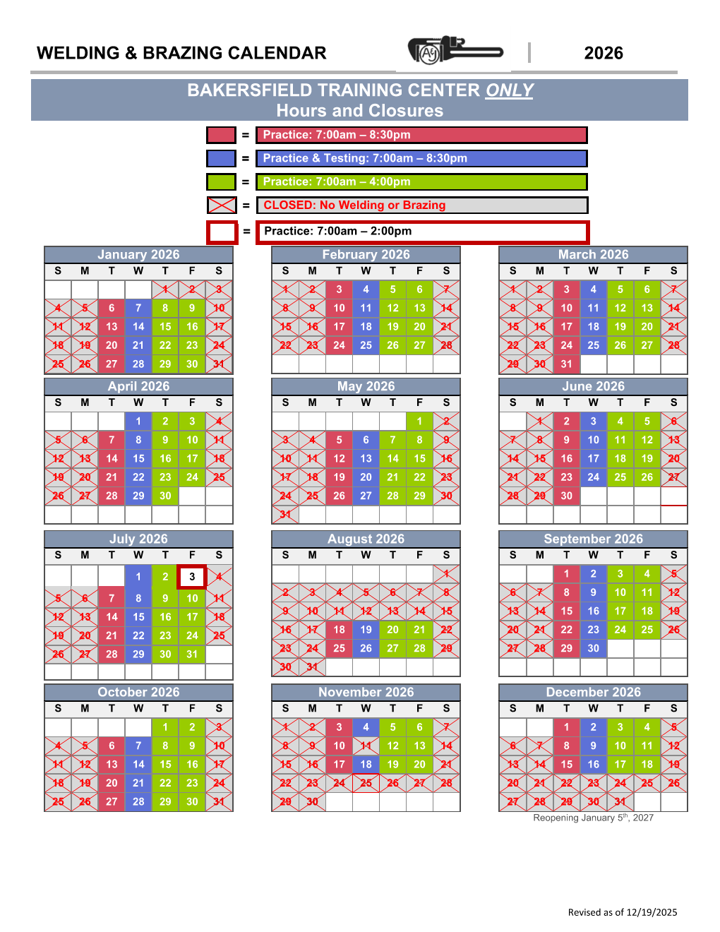 Bakersfield - 2026 Welding Calendar