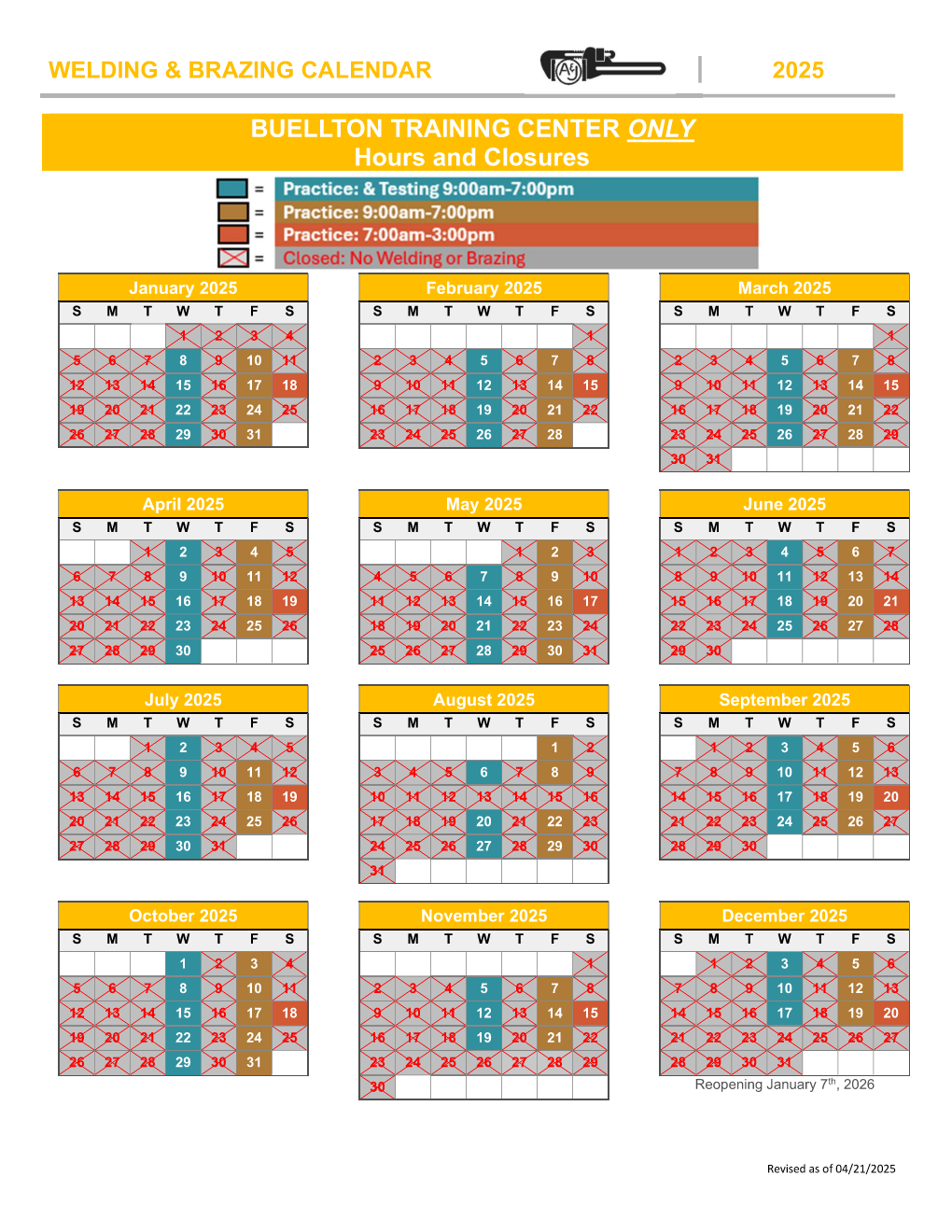 Buellton - Spring 2025 Welding Calendar