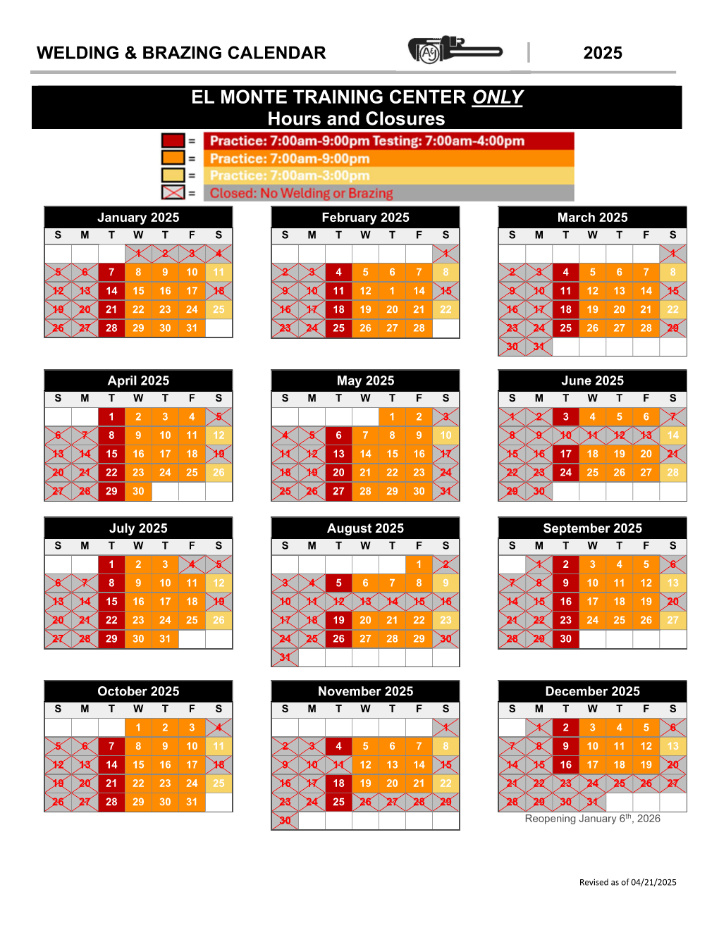 El Monte - Spring 2025 Welding Calendar