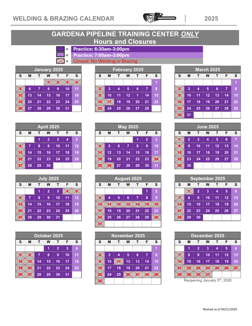 Gardena Pipeline - Spring 2025 Welding Calendar