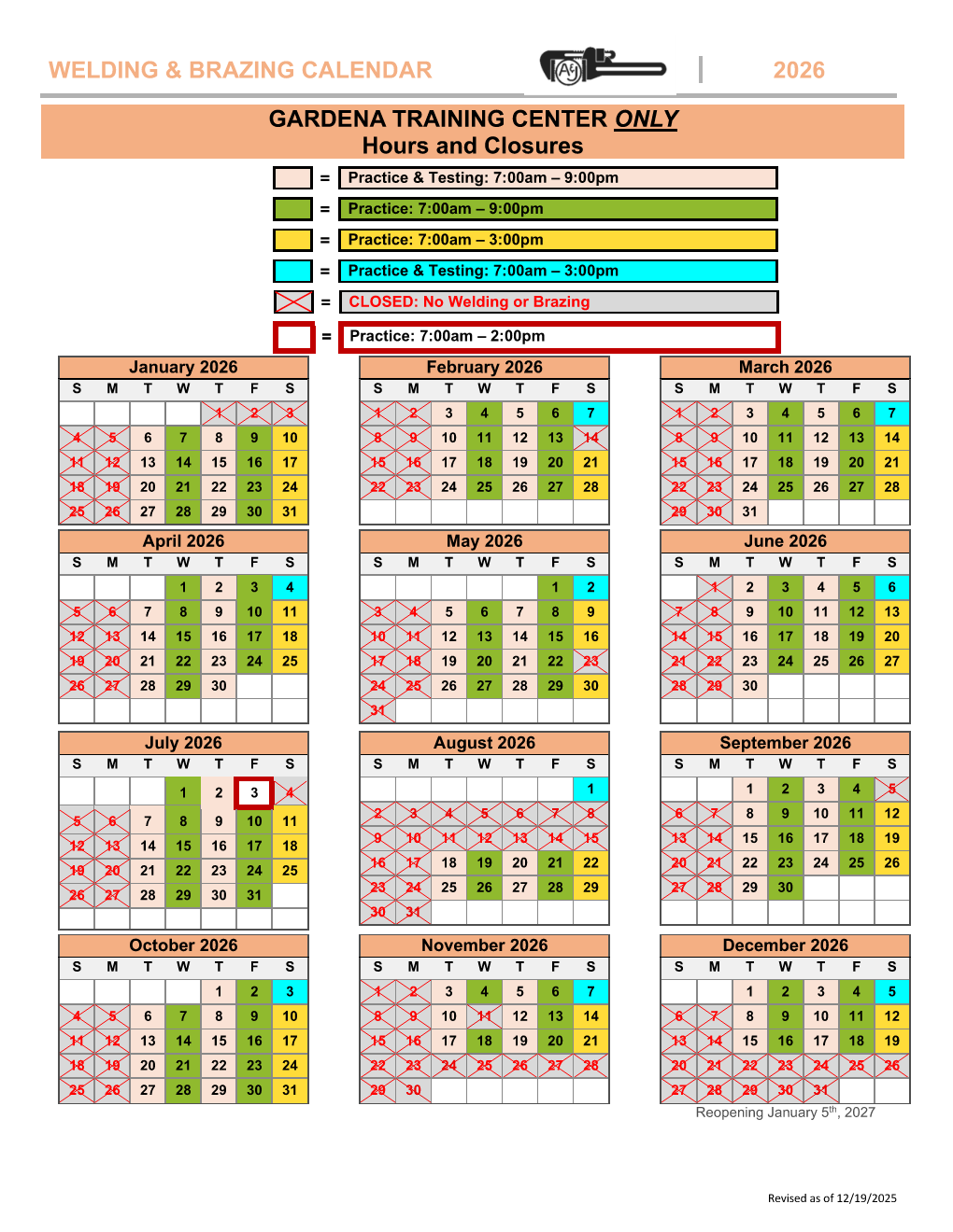 Gardena - 2026 Welding Calendar