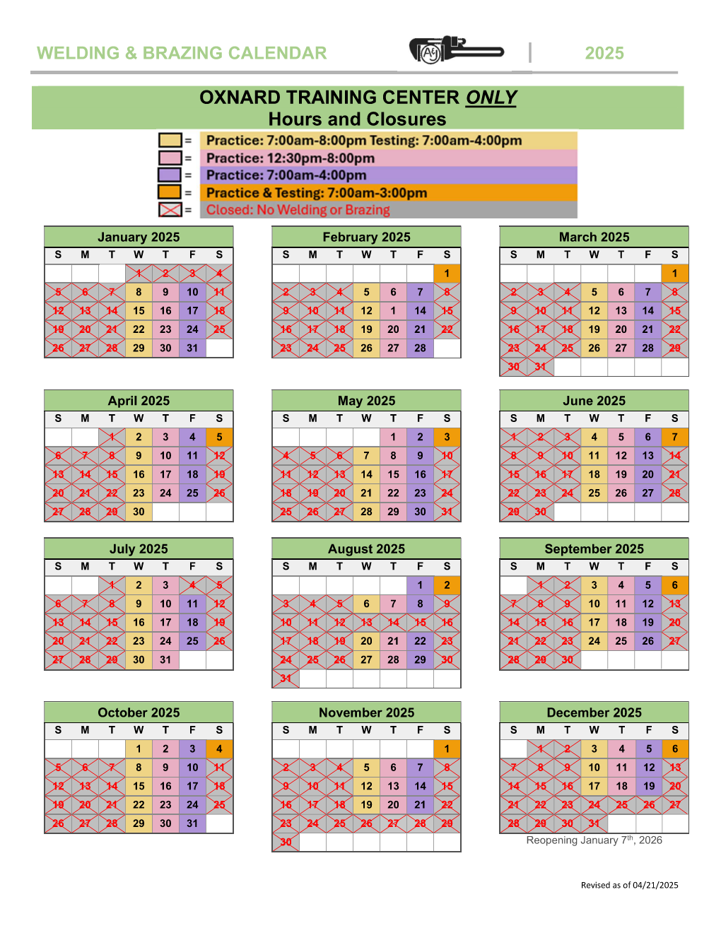 Oxnard - Spring 2025 Welding Calendar
