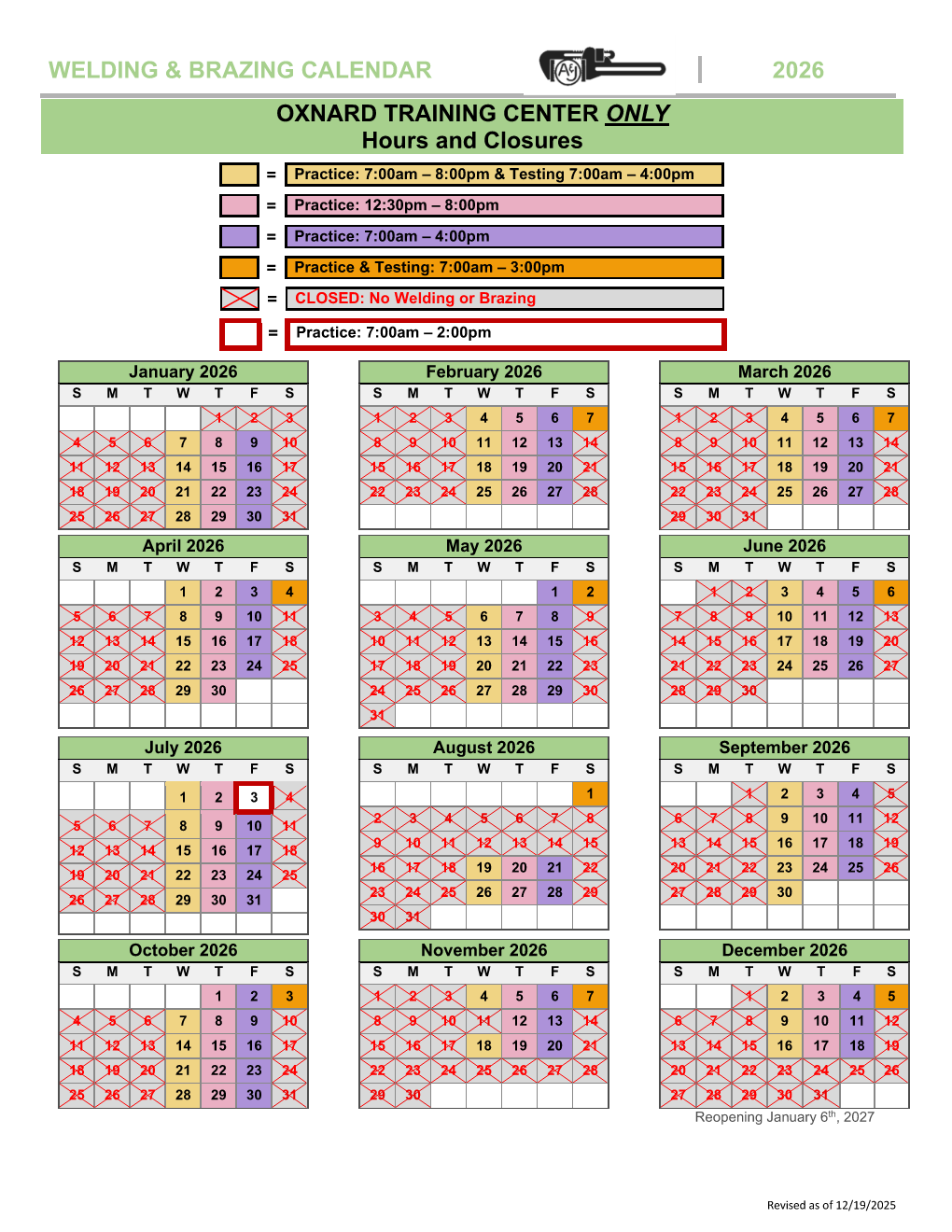 Oxnard - Spring 2025 Welding Calendar