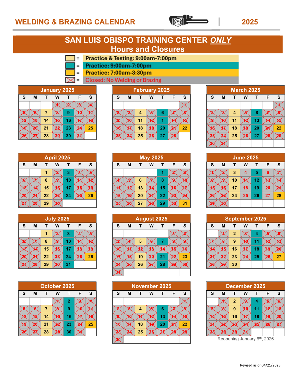 San Luis Obispo - Spring 2025 Welding Calendar