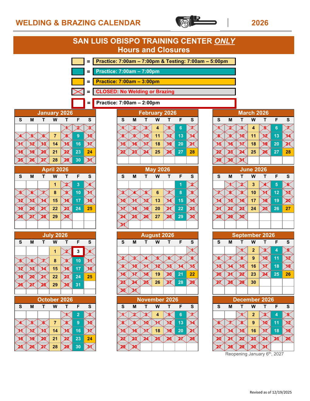San Luis Obispo - 2026 Welding Calendar