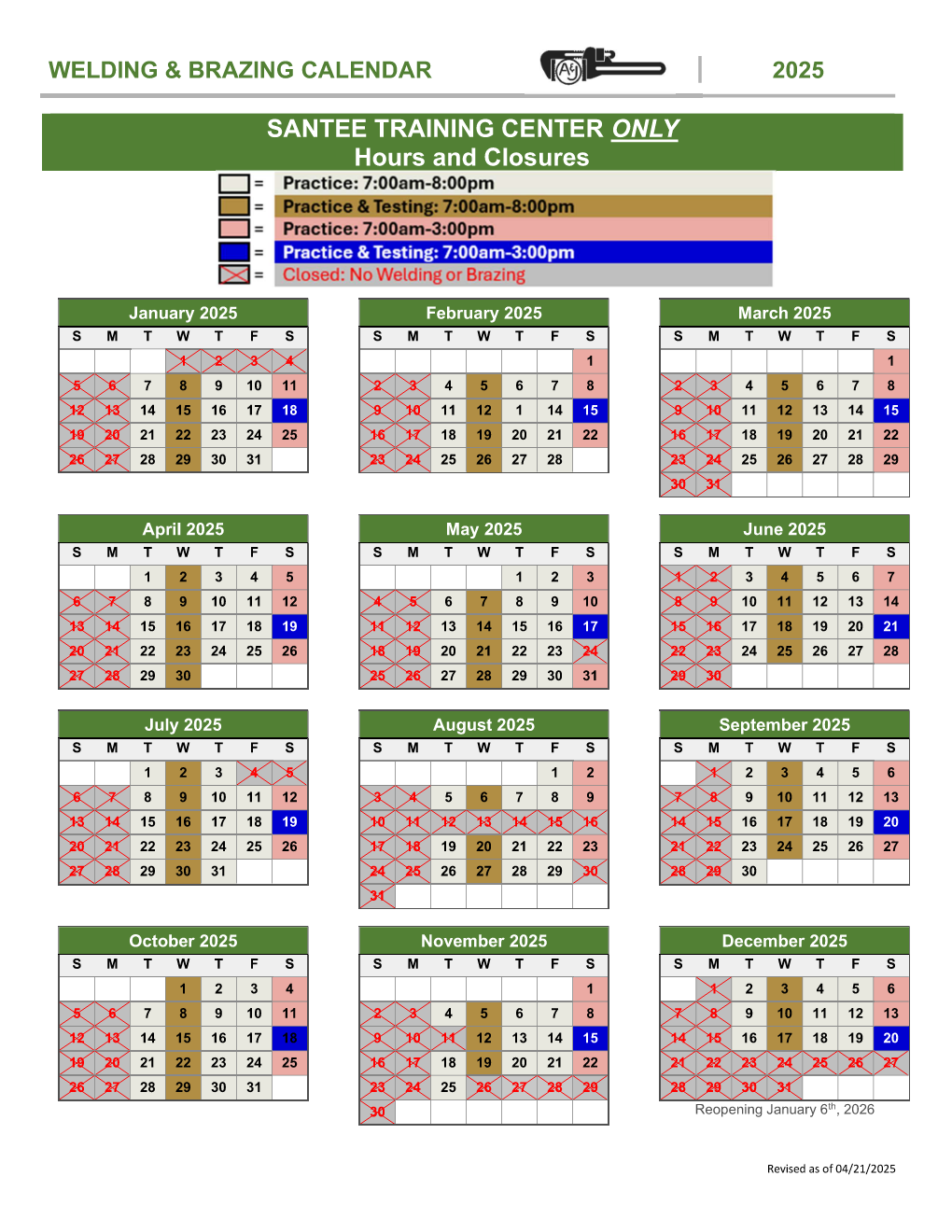 Santee - Spring 2025 Welding Calendar