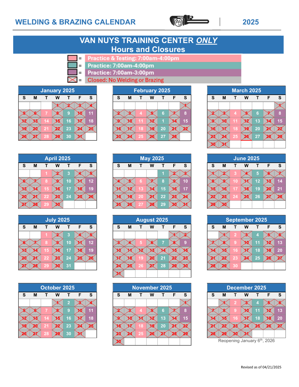 Van Nuys - Spring 2025 Welding Calendar